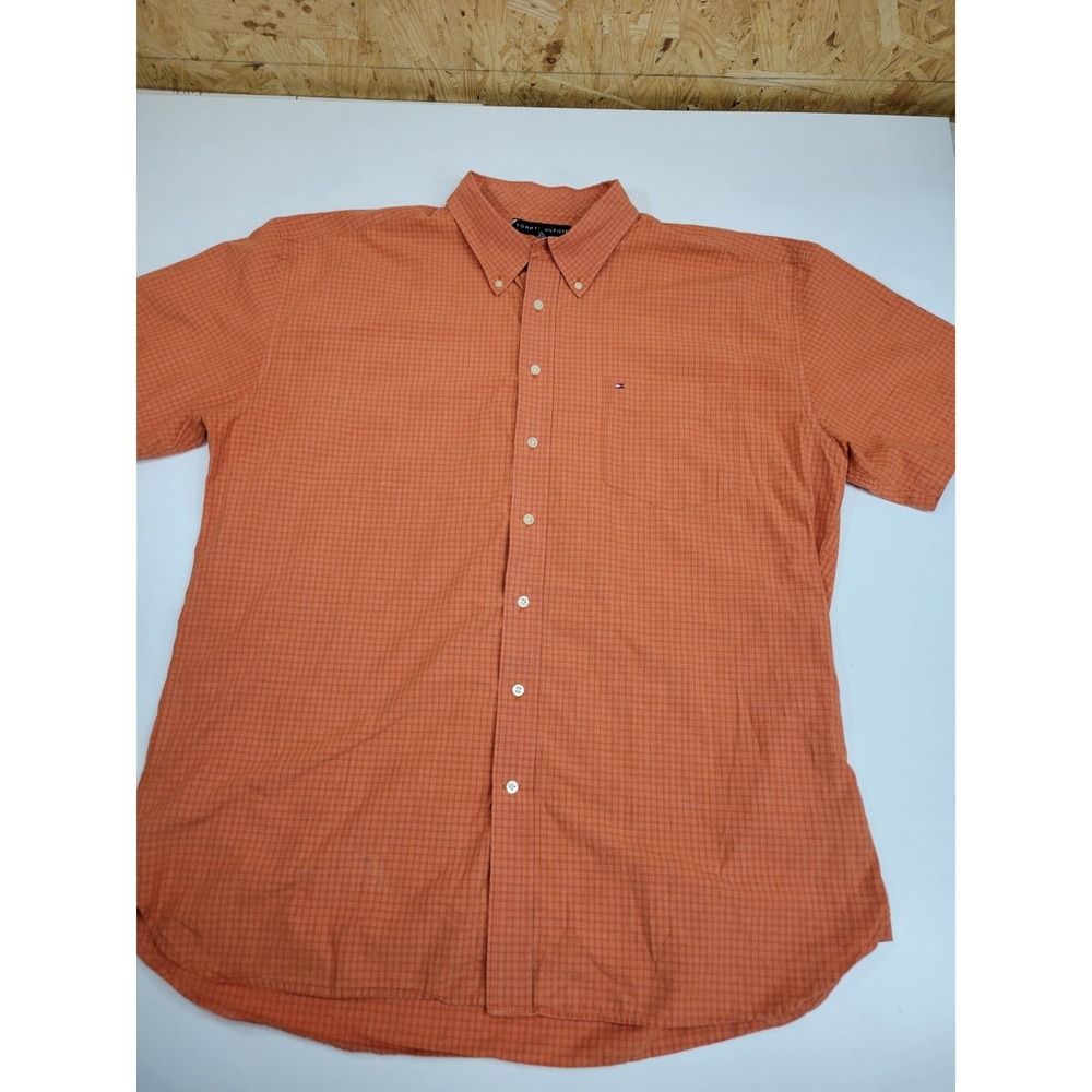 Tommy Hilfiger Mens XXL Orange Plaid Short Sleeve Button Down Shirt 100% Cotton